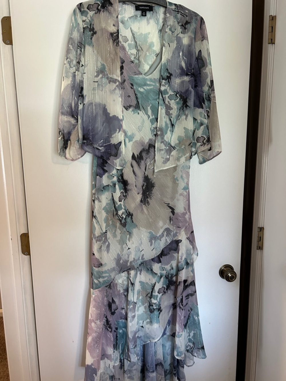 R&M Richards Mint, Lavender and Gray Floral Midi Dress with Sheer Jacket